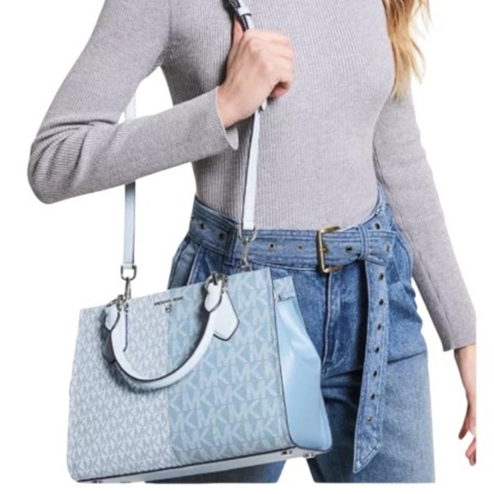 New Michael Kors Marilyn Sky Blue Multi Logo Medium Satchel Handbag purse - Picture 7 of 7